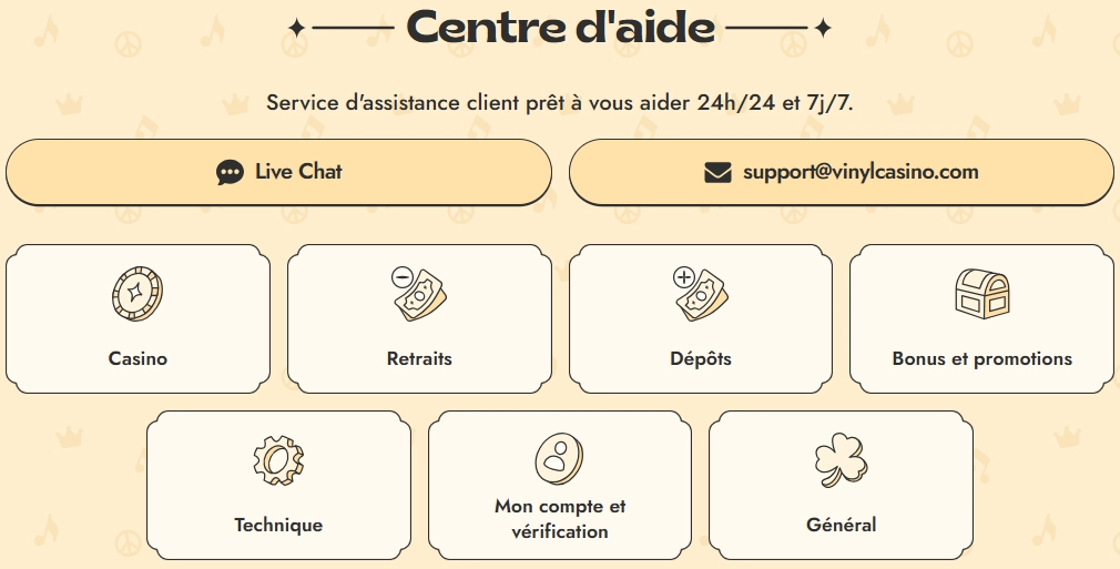 Assistance et contacts du support client de Vinyl Casino.